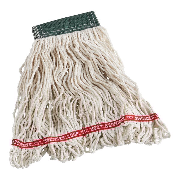 A close up of a white Rubbermaid wet mop with a red stripe.