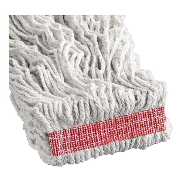 A white Rubbermaid wet mop with a red stripe.