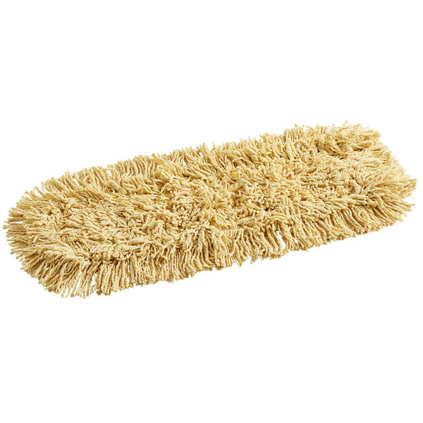 A yellow Rubbermaid Trapper Blend dust mop with a long handle.