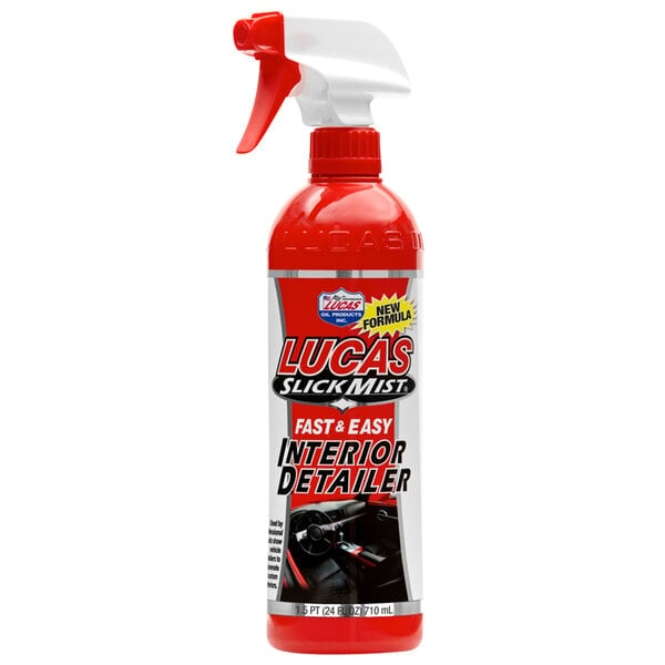 A red spray bottle of Lucas Oil Slick Mist Interior Detailer with a white label.