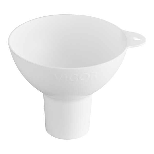 A white Vigor wide mouth canning funnel with a handle.