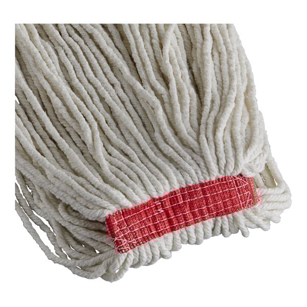 A close-up of a Rubbermaid white blend wet mop with red and white yarn.