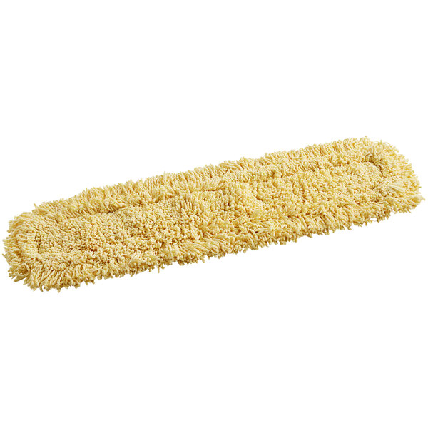 A yellow Rubbermaid dust mop with a long handle.
