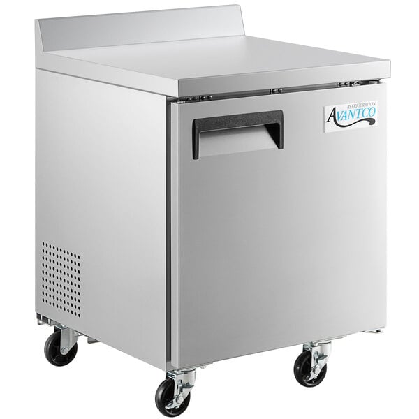 A silver Avantco worktop freezer on black wheels.