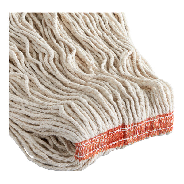 A close-up of a white Rubbermaid Dura Pro wet mop head with orange trim.