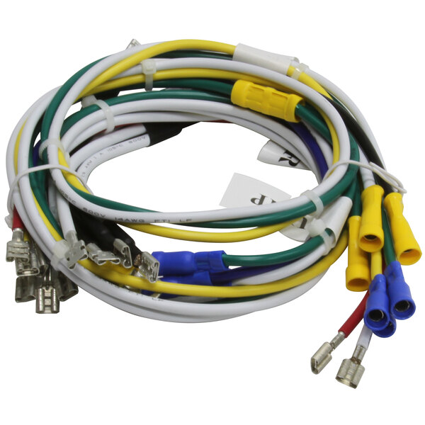 A white and yellow wire harness with yellow and green wires.