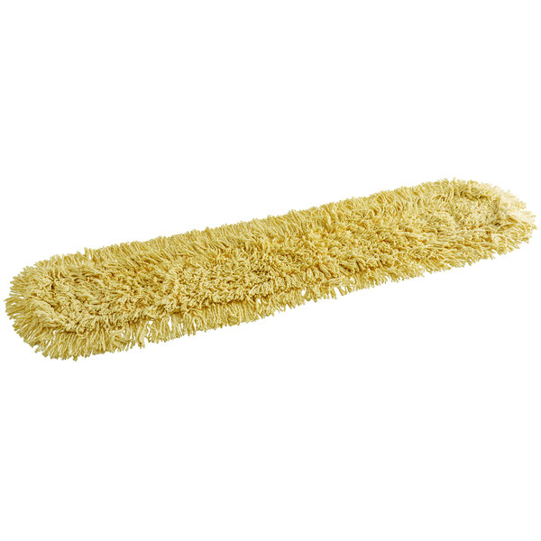 A close-up of a Rubbermaid yellow dust mop with a handle.