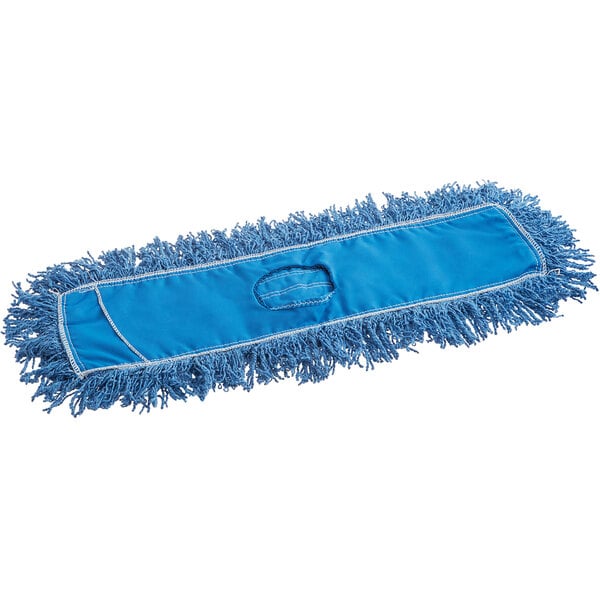 A blue Rubbermaid dust mop with white trim.