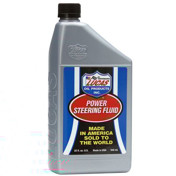 A grey bottle of Lucas Oil Power Steering Fluid with a blue label and black cap.