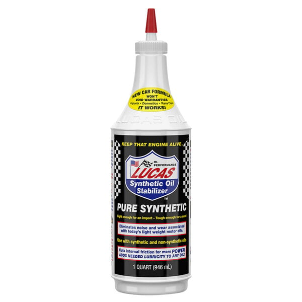 A white bottle of Lucas Oil Pure Synthetic Oil Stabilizer with a yellow and black label and a red cap.