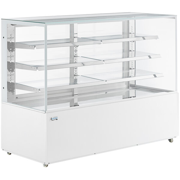 An Avantco white square dry bakery display case with glass shelves.