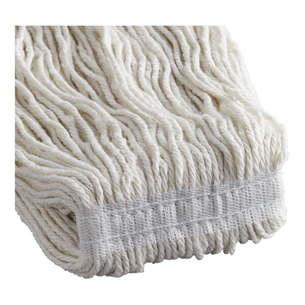 A close-up of a white Rubbermaid wet mop head.