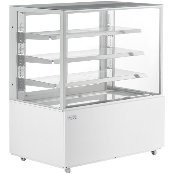 A white Avantco refrigerated bakery display case with glass shelves.