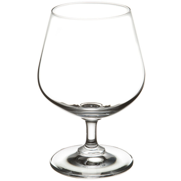 A clear Stolzle brandy snifter with a stem.
