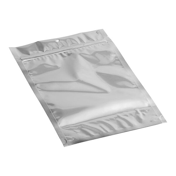 A Choice silver metallized plastic stand-up pouch with a zipper and hanging hole.