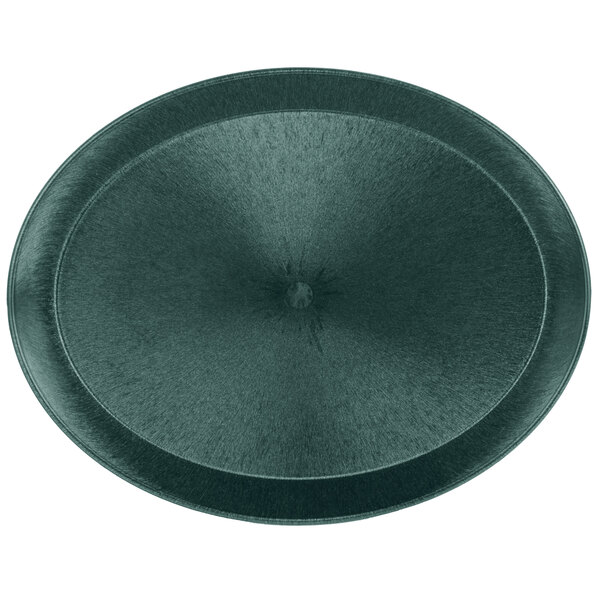 A dark green polypropylene oval deli server with a round rim and center.