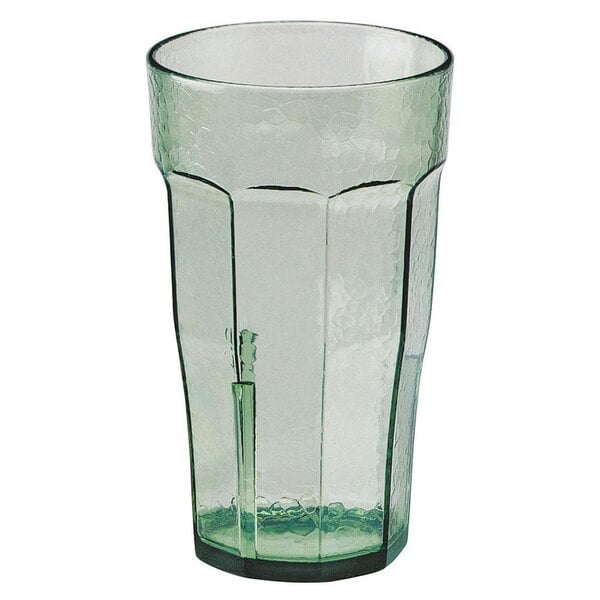 A Spanish green Cambro plastic tumbler with a straw.