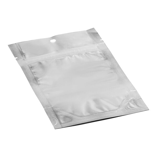 A clear plastic Choice stand-up pouch with a silver metallized front and a hole.