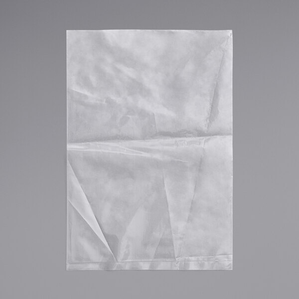 A clear polyethylene layflat bag with creases on a white background.