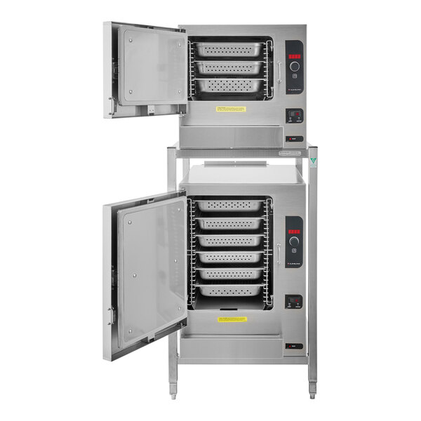 A stainless steel Cleveland SteamChef floor steamer with open doors on two decks.