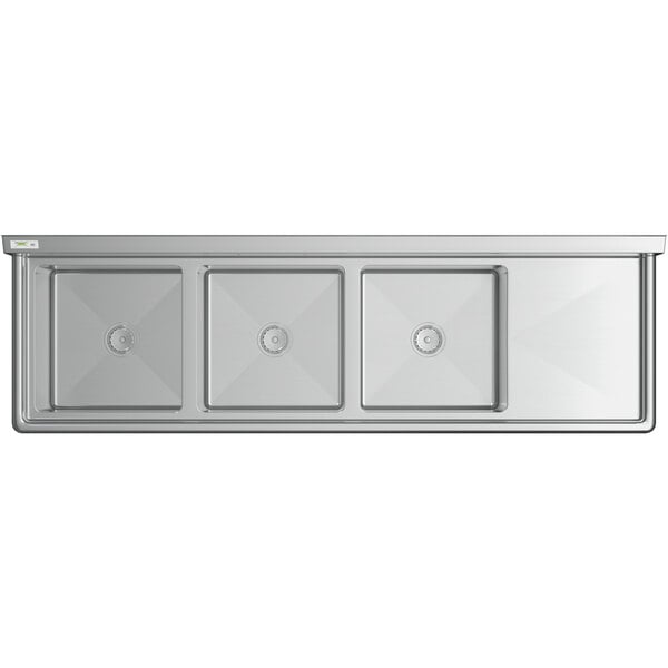 A Regency stainless steel three compartment commercial sink with stainless steel legs and a drainboard.