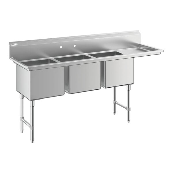 Regency 78 1/2" Three Compartment Commercial Sink with Stainless Steel Legs, Cross Bracing, 18" Right Drainboard, and 18" x 18" x 14" Sink Bowls