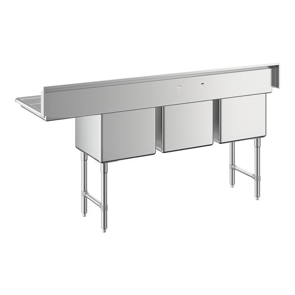 Regency 78 1/2" Three Compartment Commercial Sink with Stainless Steel Legs, Cross Bracing, 18" Right Drainboard, and 18" x 18" x 14" Sink Bowls