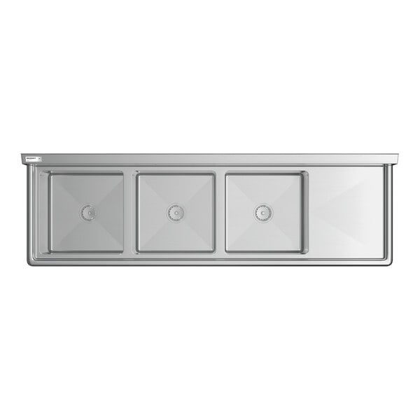 Regency 78 1/2" Three Compartment Commercial Sink with Stainless Steel Legs, Cross Bracing, 18" Right Drainboard, and 18" x 18" x 14" Sink Bowls