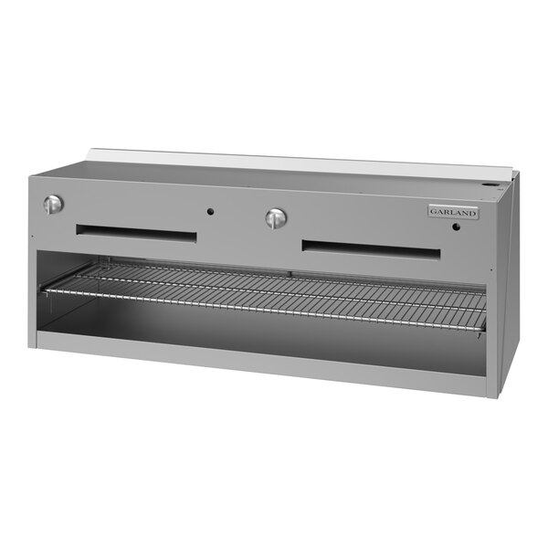 A stainless steel 48-inch countertop cheese melter with control knobs and a wire rack, designed for commercial kitchens.
