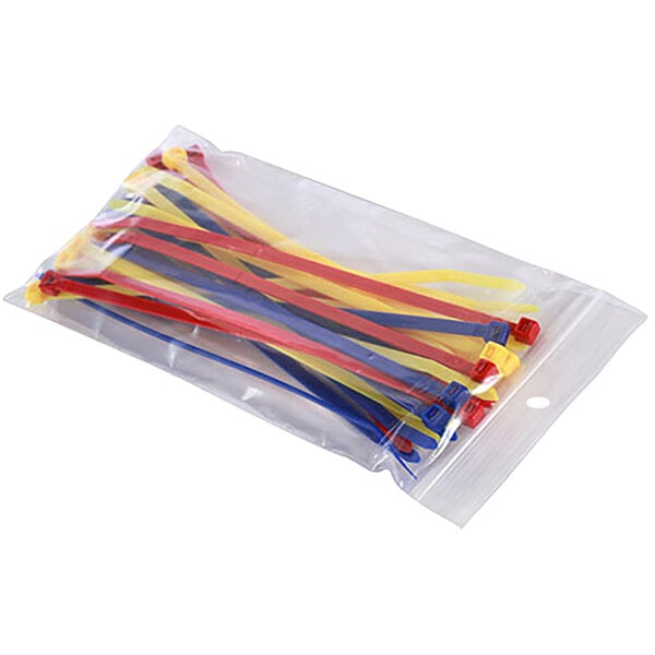 A Choice plastic bag with a hanging hole filled with colorful plastic ties.