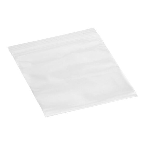 A clear LDPE zip top bag on a white background.