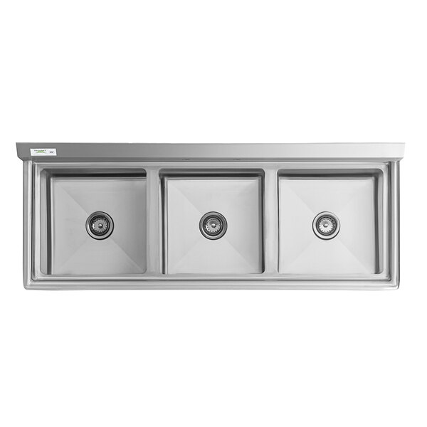 A Regency stainless steel 3 compartment sink on galvanized steel legs.