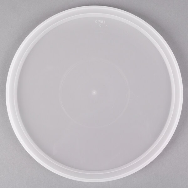 A white plastic lid for a round translucent deli container.