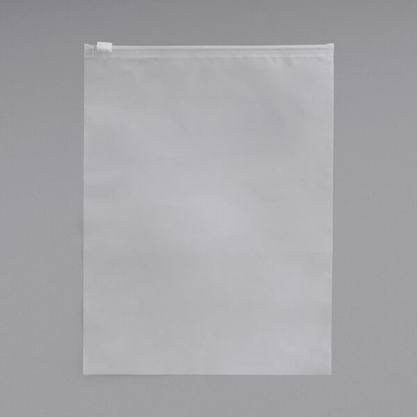 A white rectangular LDPE bag with a slider top on a gray background.