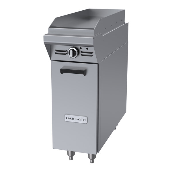 A stainless steel Garland 12-inch liquid propane griddle attachment with a storage base and manual controls.
