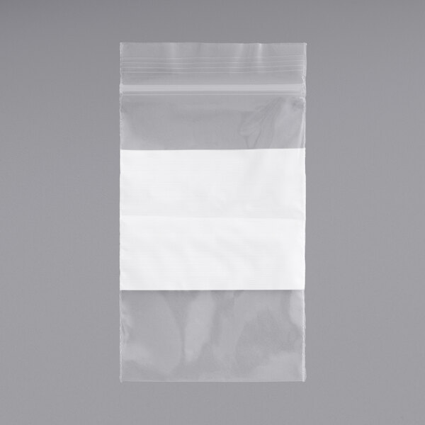 A clear plastic bag with a white strip