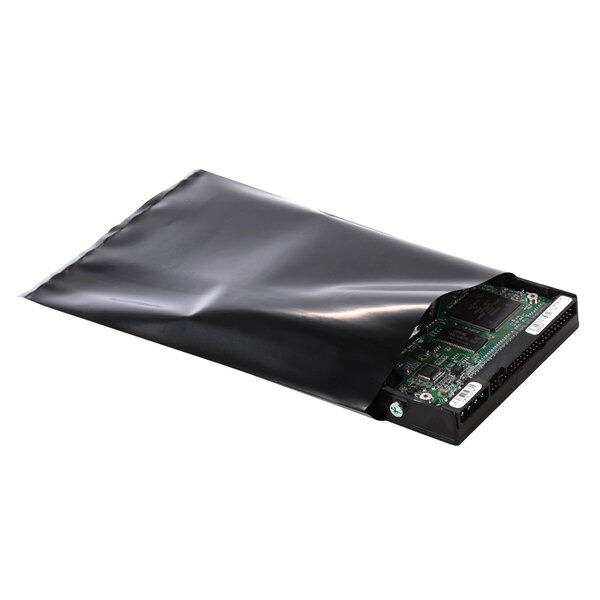 A Lavex black conductive polyethylene layflat bag with a circuit board inside.