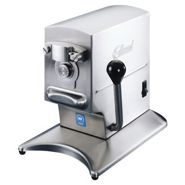 A stainless steel Edlund tabletop electric can opener with a black handle.
