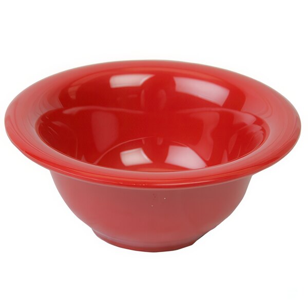 A red Thunder Group melamine soup bowl.