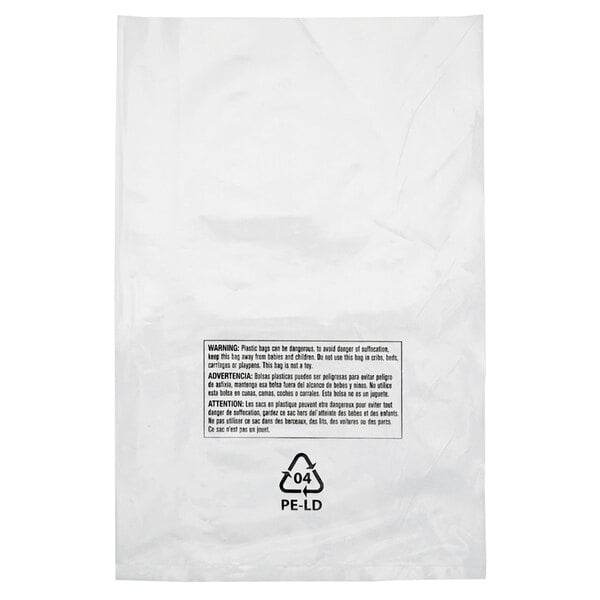 A white plastic Lavex layflat bag with a white label with black text.