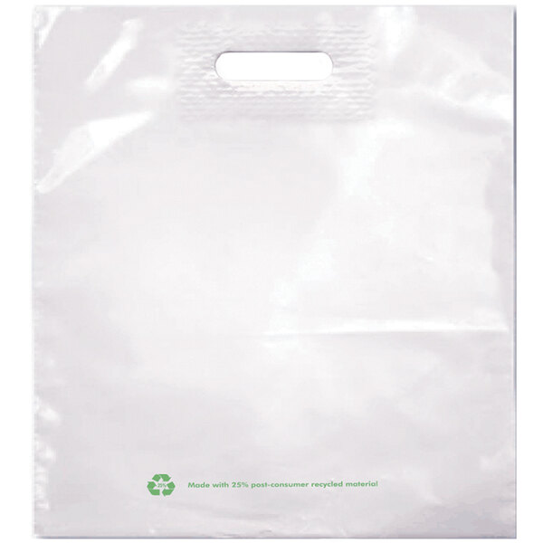 A white plastic merchandise bag with a die cut handle.