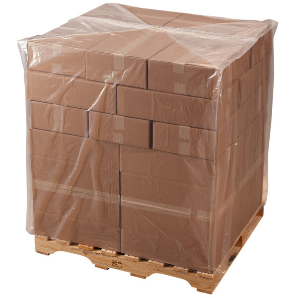 A pallet with a Lavex clear plastic cover on it.