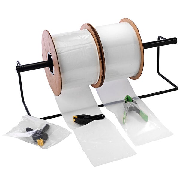 A roll of Lavex clear pre-opened plastic bags on a wire stand.