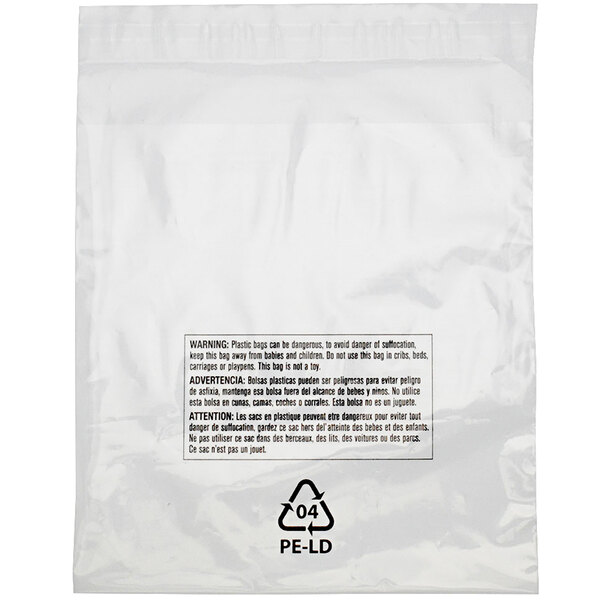 A white plastic bag with a black and white label that reads "Suffocation Warning" and a recycle symbol with arrows.
