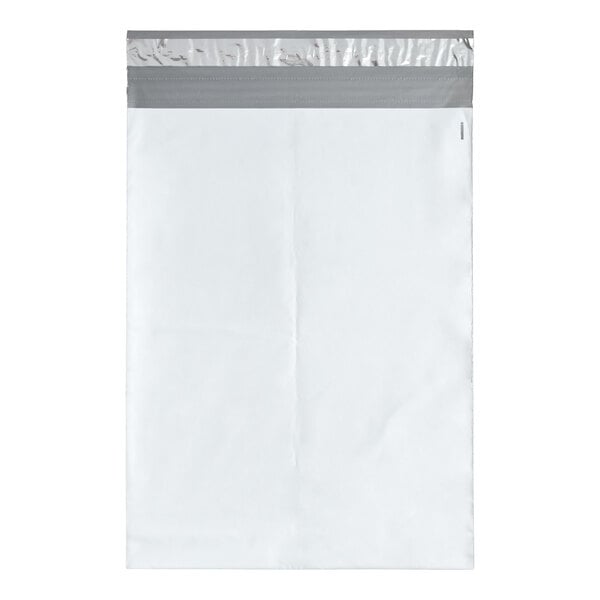 A white polyethylene mailer with an expandable design and a tamper-evident adhesive closure.