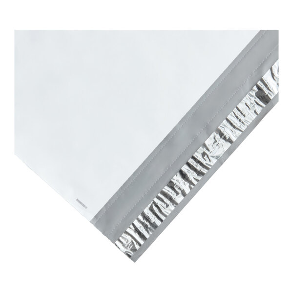 A white polyethylene mailer with an expandable design and a tamper-evident adhesive closure.