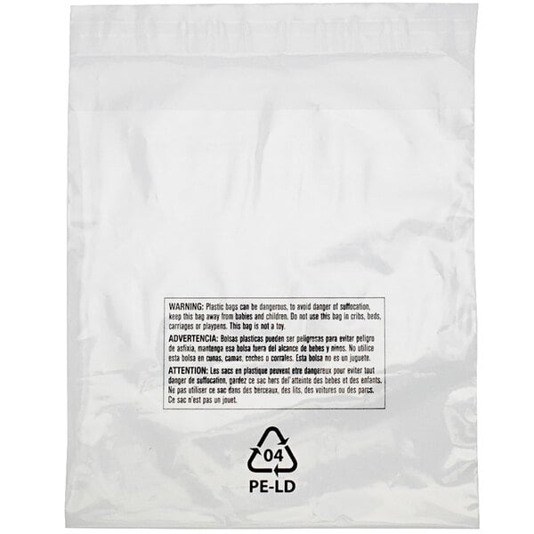 A white plastic Lavex bag with a black and white label with a recycle symbol and black text.