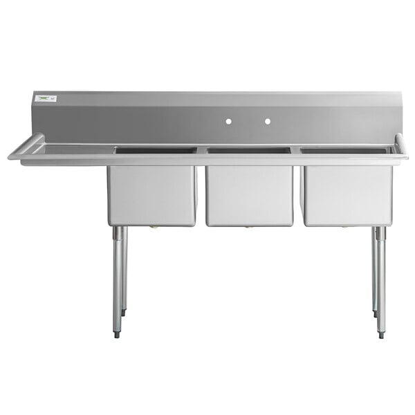 A Regency stainless steel 3 compartment sink with a left drainboard.