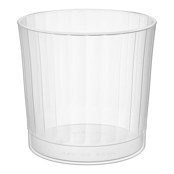 A clear plastic fluted tumbler with a 9 oz. capacity.