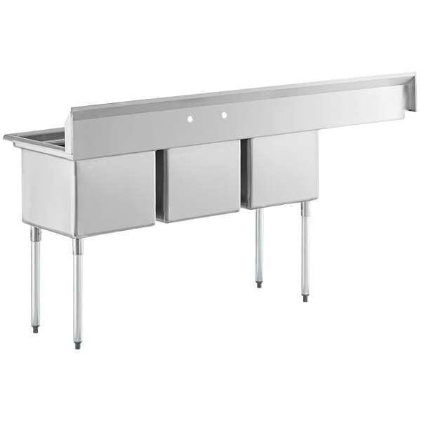 A Regency stainless steel three compartment sink with a left drainboard.